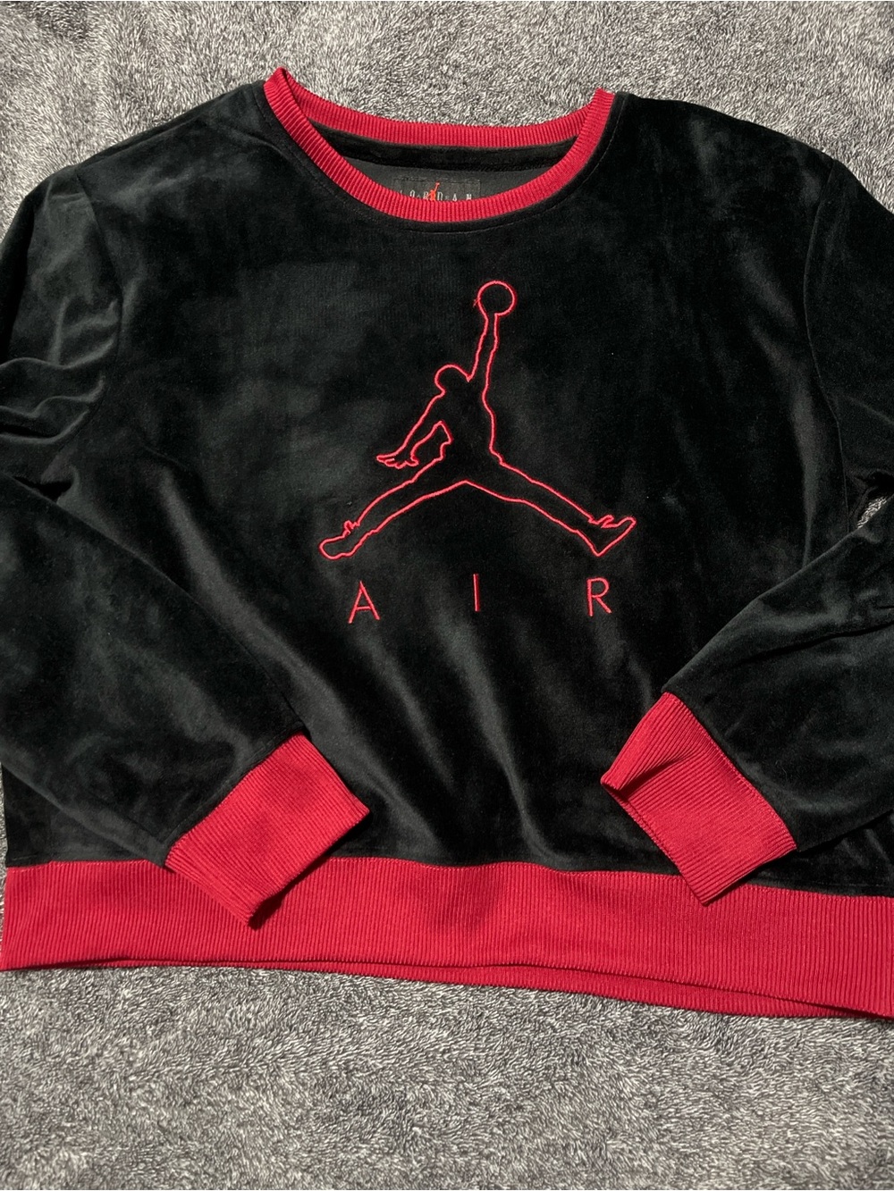Nike Jordan Black Velvet Crewneck Sweater with Red Logo & Trim